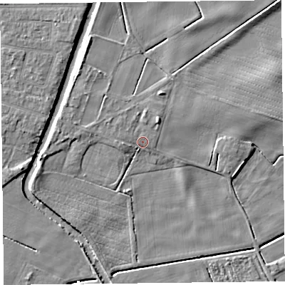 Shaded relief map of the ground around PR98LN, computed from Environment Agency LiDAR. The ground here sits at about 4 m above sea level and falls 7 m across the surrounding 800 m. Surface water reaching this point runs off ground lying to the north-east, 2.7 m higher.