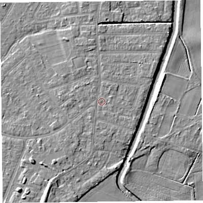 Shaded relief map of the ground around PR98LP, computed from Environment Agency LiDAR. The ground here sits at about 5 m above sea level and falls 8 m across the surrounding 800 m. Surface water reaching this point runs off ground lying to the north, 1.1 m higher.