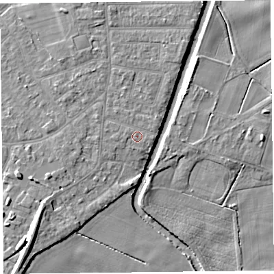 Shaded relief map of the ground around PR98LQ, computed from Environment Agency LiDAR. The ground here sits at about 5 m above sea level and falls 9 m across the surrounding 800 m. Surface water reaching this point runs off ground lying to the west-north-west, 0.7 m higher.