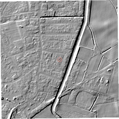 Shaded relief map of the ground around PR98LR, computed from Environment Agency LiDAR. The ground here sits at about 5 m above sea level and falls 7 m across the surrounding 800 m. Surface water reaching this point runs off ground lying to the west-north-west, 0.9 m higher.