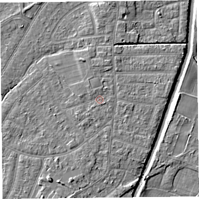 Shaded relief map of the ground around PR98LS, computed from Environment Agency LiDAR. The ground here sits at about 5 m above sea level and falls 6 m across the surrounding 800 m. Surface water reaching this point runs off ground lying to the north, 1.3 m higher.
