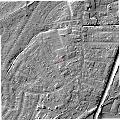 Shaded relief map of the ground around PR98LT, computed from Environment Agency LiDAR. The ground here sits at about 5 m above sea level and falls 6 m across the surrounding 800 m. Surface water reaching this point runs off ground lying to the north-north-east, 1.4 m higher.