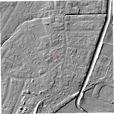 Shaded relief map of the ground around PR98LU, computed from Environment Agency LiDAR. The ground here sits at about 5 m above sea level and falls 8 m across the surrounding 800 m. Surface water reaching this point runs off ground lying to the north-west, 0.6 m higher.