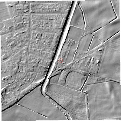 Shaded relief map of the ground around PR98LW, computed from Environment Agency LiDAR. The ground here sits at about 5 m above sea level and falls 6 m across the surrounding 800 m. Surface water reaching this point runs off ground lying to the north-north-east, 1.8 m higher.