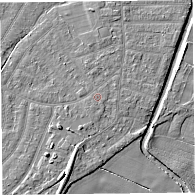Shaded relief map of the ground around PR98LX, computed from Environment Agency LiDAR. The ground here sits at about 5 m above sea level and falls 9 m across the surrounding 800 m. Surface water reaching this point runs off ground lying to the south-south-west, 0.5 m higher.