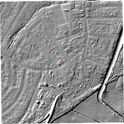 Shaded relief map of the ground around PR98LY, computed from Environment Agency LiDAR. The ground here sits at about 5 m above sea level and falls 9 m across the surrounding 800 m. Surface water reaching this point runs off ground lying to the south-east, 0.7 m higher.