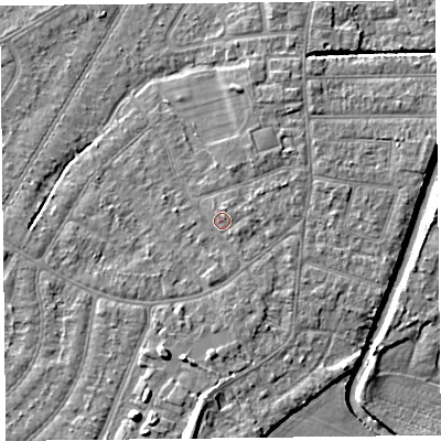 Shaded relief map of the ground around PR98LZ, computed from Environment Agency LiDAR. The ground here sits at about 5 m above sea level and falls 8 m across the surrounding 800 m. Surface water reaching this point runs off ground lying to the north-north-east, 1.1 m higher.