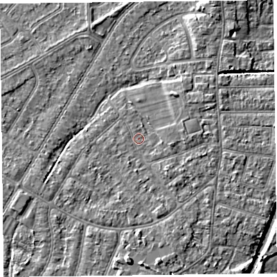 Shaded relief map of the ground around PR98NA, computed from Environment Agency LiDAR. The ground here sits at about 5 m above sea level and falls 6 m across the surrounding 800 m. Surface water reaching this point runs off ground lying to the east-north-east, 1.7 m higher.