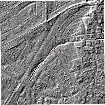 Shaded relief map of the ground around PR98NB, computed from Environment Agency LiDAR. The ground here sits at about 5 m above sea level and falls 6 m across the surrounding 800 m. Surface water reaching this point runs off ground lying to the east, 3.2 m higher.