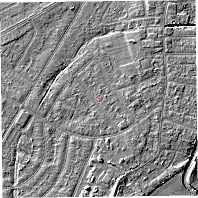 Shaded relief map of the ground around PR98ND, computed from Environment Agency LiDAR. The ground here sits at about 5 m above sea level and falls 8 m across the surrounding 800 m. Surface water reaching this point runs off ground lying to the north-east, 2.0 m higher.