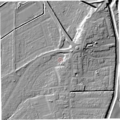 Shaded relief map of the ground around PR98NE, computed from Environment Agency LiDAR. The ground here sits at about 5 m above sea level and falls 11 m across the surrounding 800 m. Surface water reaching this point runs off ground lying to the east, 2.5 m higher.
