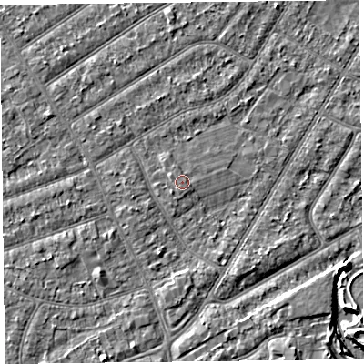 Shaded relief map of the ground around PR98NG, computed from Environment Agency LiDAR. The ground here sits at about 6 m above sea level and falls 4 m across the surrounding 800 m. Surface water reaching this point runs off ground lying to the east-north-east, 0.6 m higher.