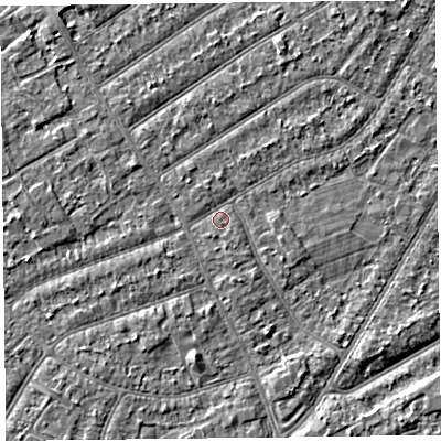 Shaded relief map of the ground around PR98NH, computed from Environment Agency LiDAR. The ground here sits at about 6 m above sea level and falls 2 m across the surrounding 800 m. Surface water reaching this point runs off ground lying to the south-south-east, 0.9 m higher.