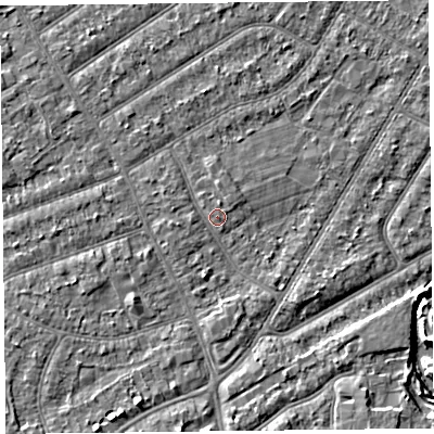 Shaded relief map of the ground around PR98NJ, computed from Environment Agency LiDAR. The ground here sits at about 6 m above sea level and falls 4 m across the surrounding 800 m. Surface water reaching this point runs off ground lying to the west, 0.9 m higher.