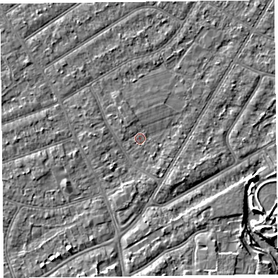 Shaded relief map of the ground around PR98NL, computed from Environment Agency LiDAR. The ground here sits at about 5 m above sea level and falls 4 m across the surrounding 800 m. Surface water reaching this point runs off ground lying to the south-south-west, 2.8 m higher.