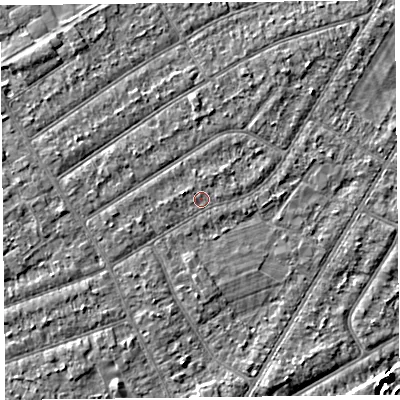 Shaded relief map of the ground around PR98NN, computed from Environment Agency LiDAR. The ground here sits at about 5 m above sea level and falls 3 m across the surrounding 800 m. Surface water reaching this point runs off ground lying to the south-south-west, 1.0 m higher.