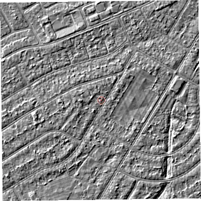 Shaded relief map of the ground around PR98NP, computed from Environment Agency LiDAR. The ground here sits at about 5 m above sea level and falls 2 m across the surrounding 800 m. Surface water reaching this point runs off ground lying to the west-north-west, 1.0 m higher.