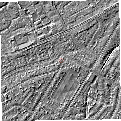 Shaded relief map of the ground around PR98NR, computed from Environment Agency LiDAR. The ground here sits at about 5 m above sea level and falls 3 m across the surrounding 800 m. Surface water reaching this point runs off ground lying to the south, 0.6 m higher.