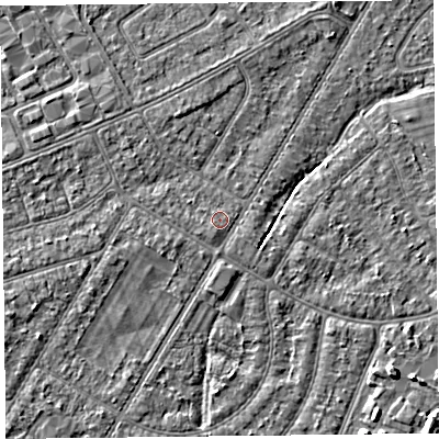 Shaded relief map of the ground around PR98NS, computed from Environment Agency LiDAR. The ground here sits at about 5 m above sea level and falls 4 m across the surrounding 800 m. Surface water reaching this point runs off ground lying to the south-west, 0.6 m higher.