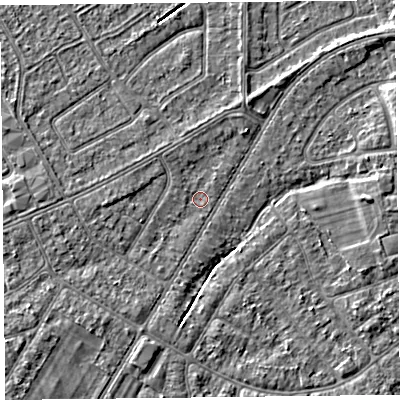Shaded relief map of the ground around PR98NT, computed from Environment Agency LiDAR. The ground here sits at about 5 m above sea level and falls 3 m across the surrounding 800 m. Surface water reaching this point runs off ground lying to the south-west, 1.7 m higher.