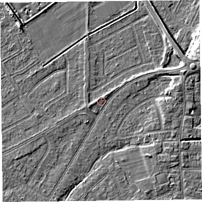 Shaded relief map of the ground around PR98NU, computed from Environment Agency LiDAR. The ground here sits at about 5 m above sea level and falls 6 m across the surrounding 800 m. Surface water reaching this point runs off ground lying to the east-north-east, 3.2 m higher.