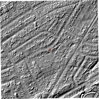 Shaded relief map of the ground around PR98NW, computed from Environment Agency LiDAR. The ground here sits at about 5 m above sea level and falls 3 m across the surrounding 800 m. Surface water reaching this point runs off ground lying to the south-west, 1.1 m higher.