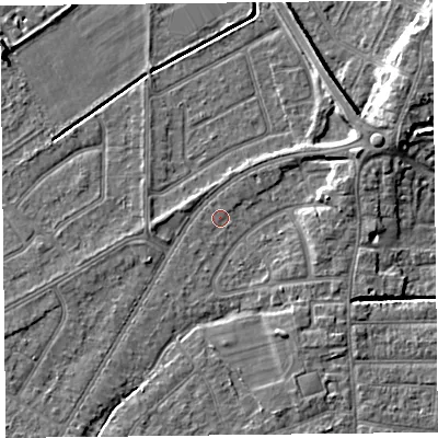 Shaded relief map of the ground around PR98NX, computed from Environment Agency LiDAR. The ground here sits at about 5 m above sea level and falls 7 m across the surrounding 800 m. The ground contributing surface water to this point lies to the north-west.