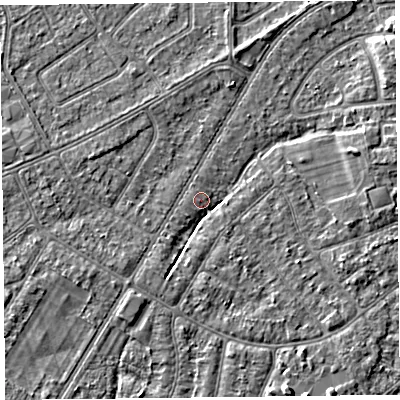 Shaded relief map of the ground around PR98NY, computed from Environment Agency LiDAR. The ground here sits at about 5 m above sea level and falls 4 m across the surrounding 800 m. Surface water reaching this point runs off ground lying to the south-west, 1.1 m higher.