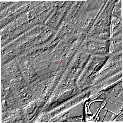 Shaded relief map of the ground around PR98PA, computed from Environment Agency LiDAR. The ground here sits at about 5 m above sea level and falls 4 m across the surrounding 800 m. The ground contributing surface water to this point lies to the west.