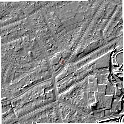 Shaded relief map of the ground around PR98PB, computed from Environment Agency LiDAR. The ground here sits at about 6 m above sea level and falls 6 m across the surrounding 800 m. Surface water reaching this point runs off ground lying to the south-south-west, 2.2 m higher.
