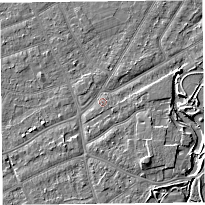 Shaded relief map of the ground around PR98PD, computed from Environment Agency LiDAR. The ground here sits at about 6 m above sea level and falls 6 m across the surrounding 800 m. Surface water reaching this point runs off ground lying to the south-south-west, 0.7 m higher.