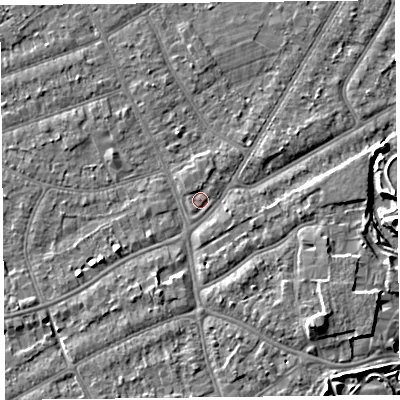 Shaded relief map of the ground around PR98PE, computed from Environment Agency LiDAR. The ground here sits at about 6 m above sea level and falls 6 m across the surrounding 800 m. Surface water reaching this point runs off ground lying to the north, 0.9 m higher.