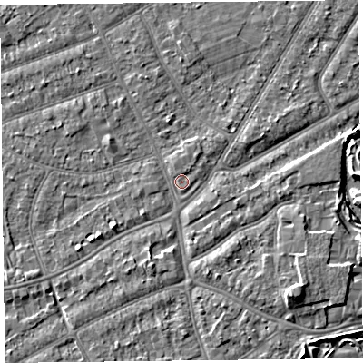Shaded relief map of the ground around PR98PF, computed from Environment Agency LiDAR. The ground here sits at about 6 m above sea level and falls 6 m across the surrounding 800 m. Surface water reaching this point runs off ground lying to the north-east, 0.9 m higher.