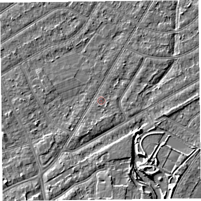 Shaded relief map of the ground around PR98PH, computed from Environment Agency LiDAR. The ground here sits at about 5 m above sea level and falls 4 m across the surrounding 800 m. Surface water reaching this point runs off ground lying to the south, 1.0 m higher.