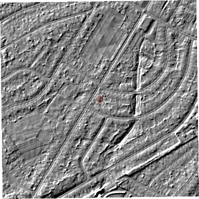 Shaded relief map of the ground around PR98PJ, computed from Environment Agency LiDAR. The ground here sits at about 5 m above sea level and falls 3 m across the surrounding 800 m. Surface water reaching this point runs off ground lying to the south-east, 0.7 m higher.