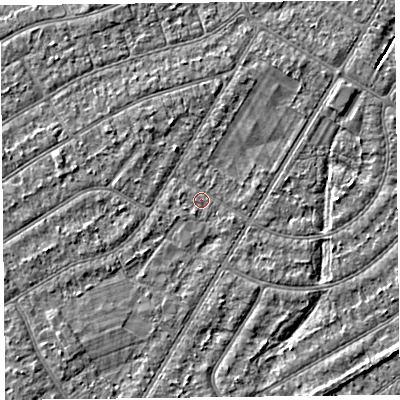 Shaded relief map of the ground around PR98PL, computed from Environment Agency LiDAR. The ground here sits at about 5 m above sea level and falls 2 m across the surrounding 800 m. Surface water reaching this point runs off ground lying to the west-south-west, 1.6 m higher.