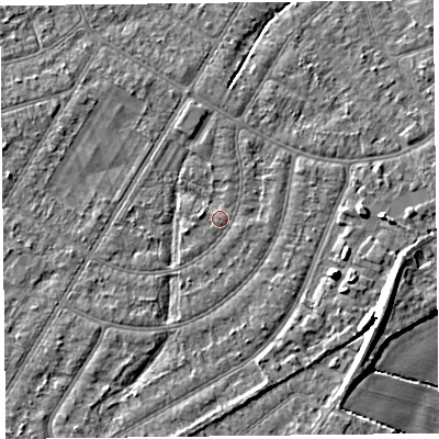 Shaded relief map of the ground around PR98PN, computed from Environment Agency LiDAR. The ground here sits at about 5 m above sea level and falls 8 m across the surrounding 800 m. Surface water reaching this point runs off ground lying to the east-south-east, 6.2 m higher.