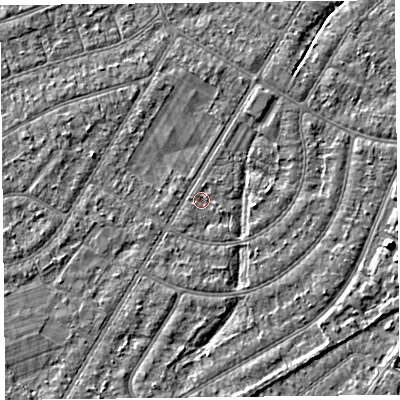 Shaded relief map of the ground around PR98PP, computed from Environment Agency LiDAR. The ground here sits at about 5 m above sea level and falls 4 m across the surrounding 800 m. The ground contributing surface water to this point lies to the north-west.