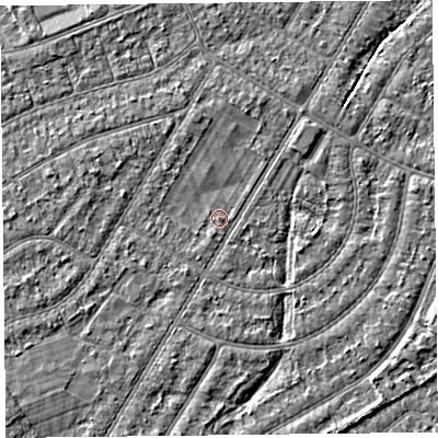 Shaded relief map of the ground around PR98PR, computed from Environment Agency LiDAR. The ground here sits at about 5 m above sea level and falls 3 m across the surrounding 800 m. Surface water reaching this point runs off ground lying to the west, 1.5 m higher.