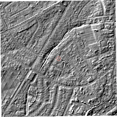 Shaded relief map of the ground around PR98PS, computed from Environment Agency LiDAR. The ground here sits at about 5 m above sea level and falls 4 m across the surrounding 800 m. Surface water reaching this point runs off ground lying to the south-east, 0.9 m higher.