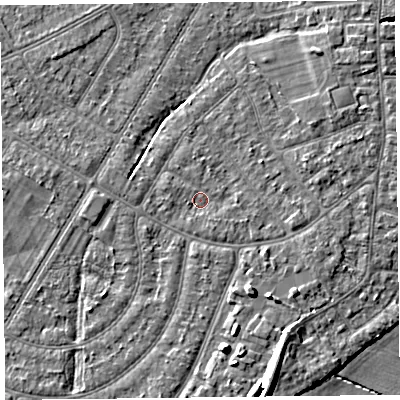 Shaded relief map of the ground around PR98PT, computed from Environment Agency LiDAR. The ground here sits at about 5 m above sea level and falls 8 m across the surrounding 800 m. Surface water reaching this point runs off ground lying to the north-east, 2.4 m higher.