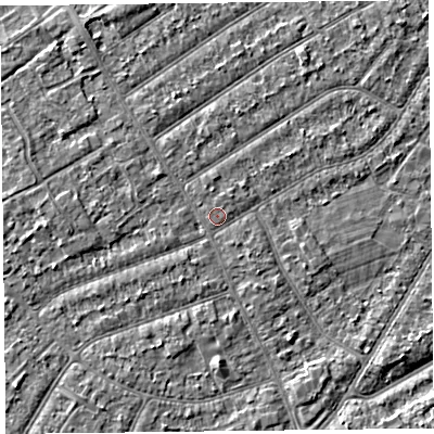 Shaded relief map of the ground around PR98PU, computed from Environment Agency LiDAR. The ground here sits at about 6 m above sea level and falls 2 m across the surrounding 800 m. Surface water reaching this point runs off ground lying to the south-south-east, 0.9 m higher.