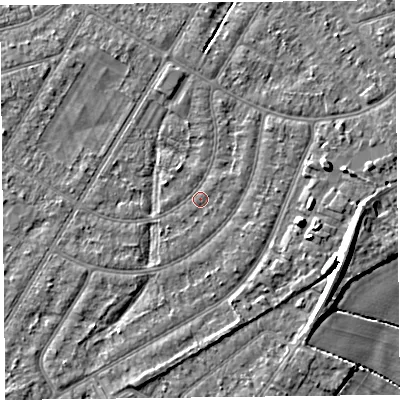 Shaded relief map of the ground around PR98PW, computed from Environment Agency LiDAR. The ground here sits at about 5 m above sea level and falls 8 m across the surrounding 800 m. Surface water reaching this point runs off ground lying to the north-north-west, 1.6 m higher.