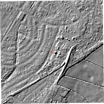 Shaded relief map of the ground around PR98QA, computed from Environment Agency LiDAR. The ground here sits at about 5 m above sea level and falls 9 m across the surrounding 800 m. Surface water reaching this point runs off ground lying to the south-east, 5.6 m higher.