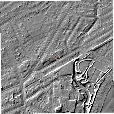 Shaded relief map of the ground around PR98QB, computed from Environment Agency LiDAR. The ground here sits at about 6 m above sea level and falls 6 m across the surrounding 800 m. Surface water reaching this point runs off ground lying to the south-west, 2.9 m higher.