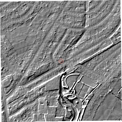 Shaded relief map of the ground around PR98QD, computed from Environment Agency LiDAR. The ground here sits at about 5 m above sea level and falls 5 m across the surrounding 800 m. Surface water reaching this point runs off ground lying to the south-west, 3.4 m higher.