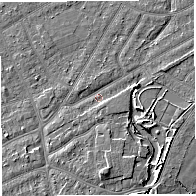 Shaded relief map of the ground around PR98QE, computed from Environment Agency LiDAR. The ground here sits at about 5 m above sea level and falls 7 m across the surrounding 800 m. Surface water reaching this point runs off ground lying to the south, 1.7 m higher.
