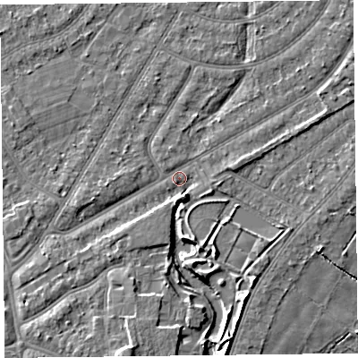 Shaded relief map of the ground around PR98QF, computed from Environment Agency LiDAR. The ground here sits at about 5 m above sea level and falls 7 m across the surrounding 800 m. Surface water reaching this point runs off ground lying to the south-west, 3.6 m higher.