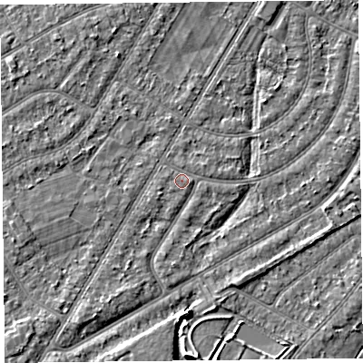 Shaded relief map of the ground around PR98QG, computed from Environment Agency LiDAR. The ground here sits at about 5 m above sea level and falls 4 m across the surrounding 800 m. Surface water reaching this point runs off ground lying to the west-south-west, 0.6 m higher.