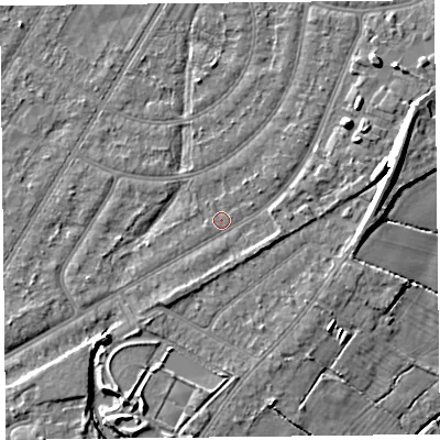 Shaded relief map of the ground around PR98QH, computed from Environment Agency LiDAR. The ground here sits at about 5 m above sea level and falls 10 m across the surrounding 800 m. Surface water reaching this point runs off ground lying to the south-west, 1.3 m higher.